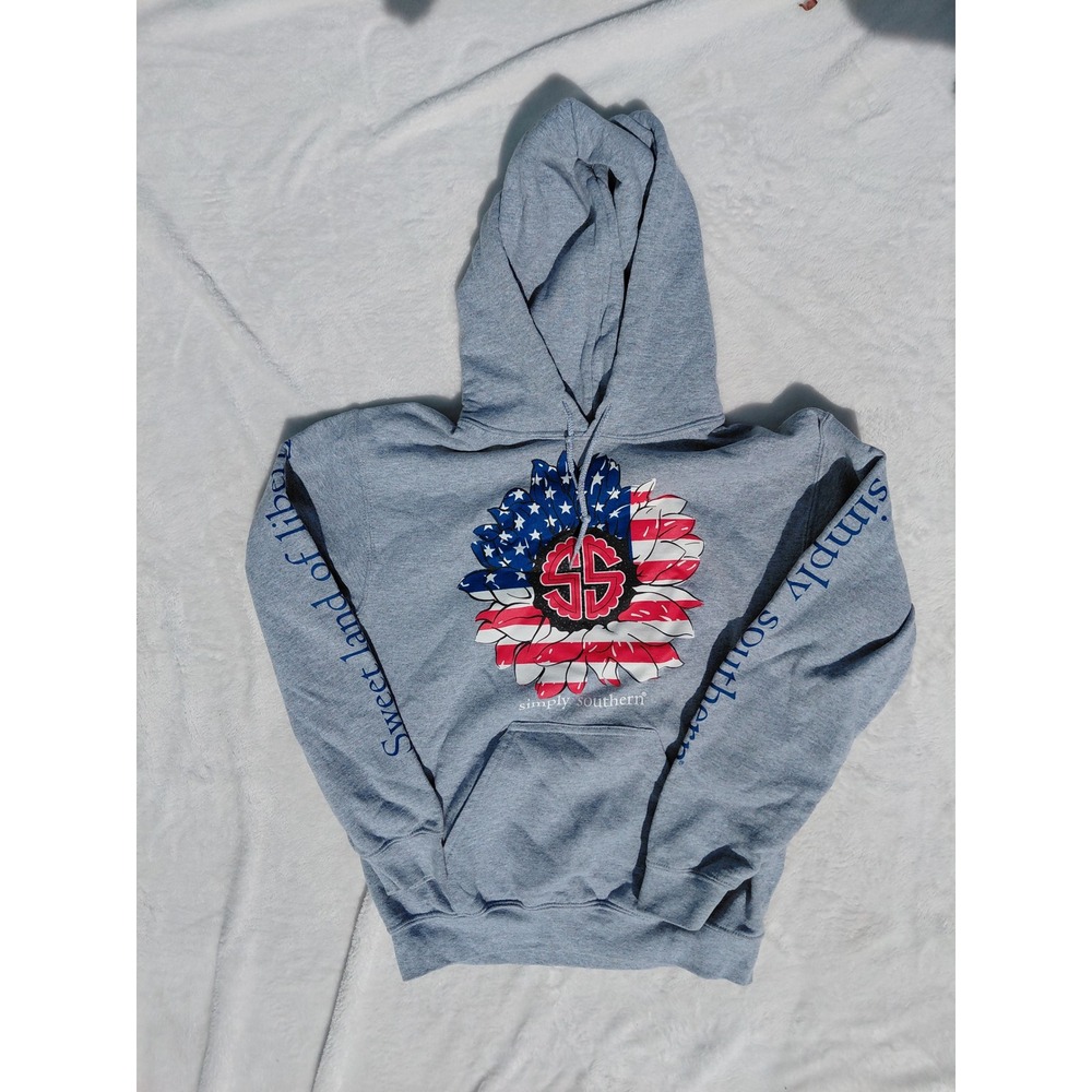 Simply Southern Womens Small Gray American Flag Sunflower Hoodie Liberty Logo